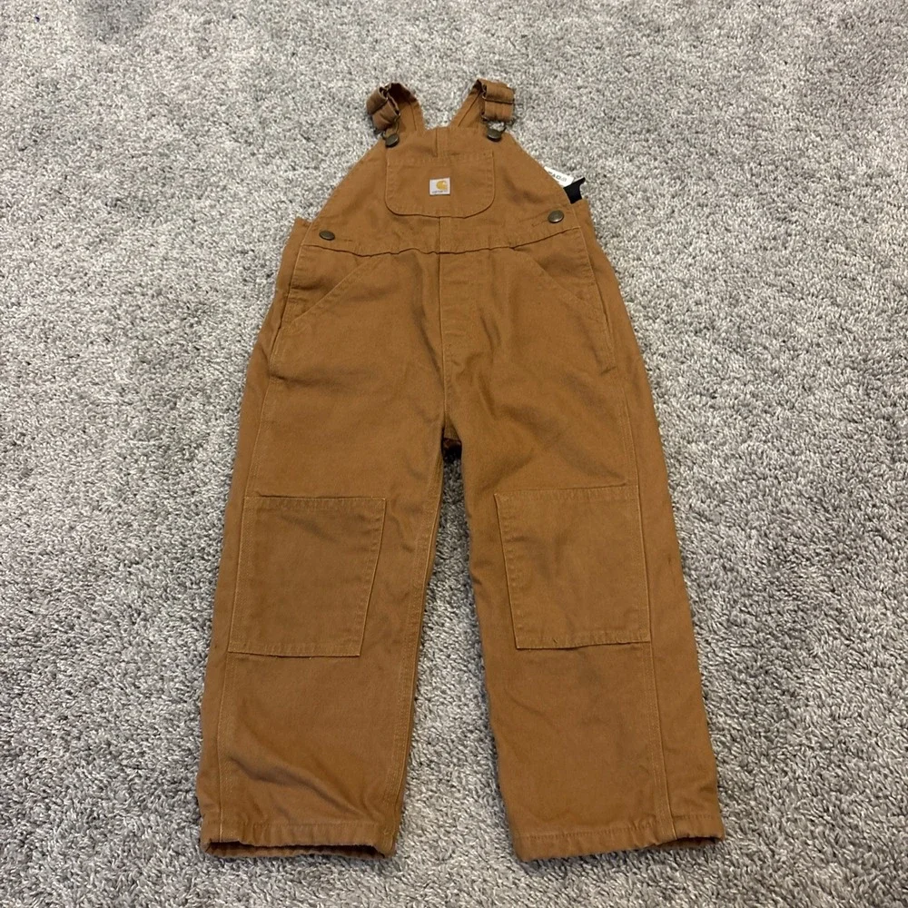 Carhartt Brown Camel Bib Overalls Plaid Flannel Lined Double Knee - Size 3T